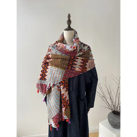 Scialle con Nappe Stampa Geometrica Bohemian Sciarpa Sottile in Filato di Bali Donna Etnico Vintage Estate Spiaggia Accessorio Moda