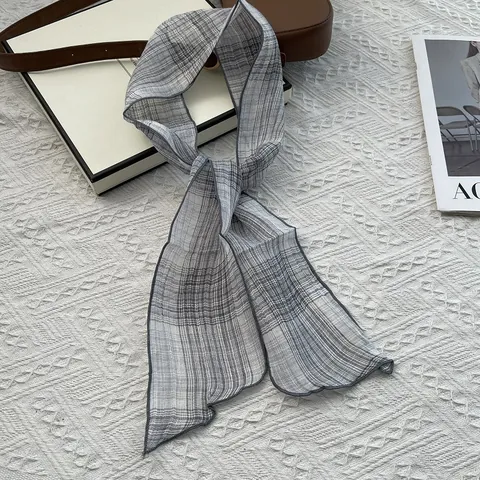 Women 100% Silk Plaid Skinny Scarf Narrow Hair Band Handbag Handle Ribbon Decorative Neck Tie Scarf Casual Elegant Accessory