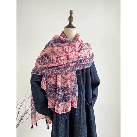 Retro Ethnic Style Cotton Linen Scarf For Women Thin Breathable Sun Protection Printing Shawl With Tassels Travel Wrap
