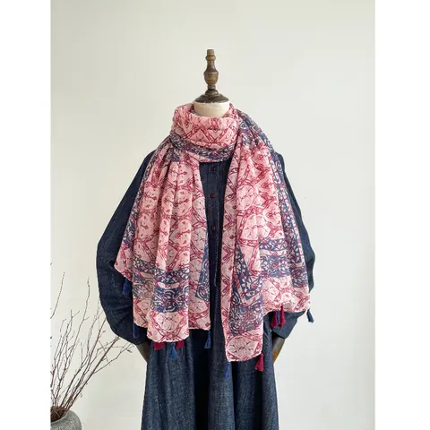 Retro Ethnic Style Cotton Linen Scarf For Women Thin Breathable Sun Protection Printing Shawl With Tassels Travel Wrap