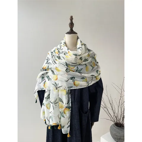 Damen Mode Zitronen Print Schal Mit Quasten Baumwoll Leinen Mischung Sommer Sonnenschutz Strandtuch Leichtes Wickeltuch
