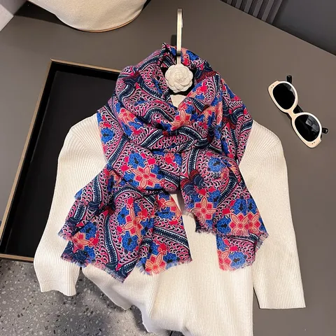 Bufanda Bohemia Estilo Étnico Estampado Paisley Floral Chal Grande Protección Solar Mezcla Algodón Con Borlas Mujer Viaje