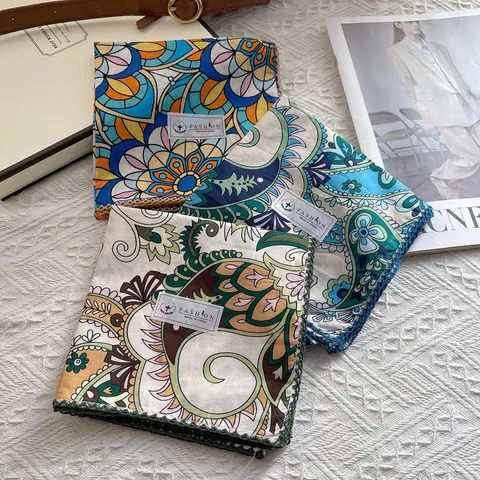 Foulard Quadrato in Cotone Vintage Francese Paisley Floreale Donna Bordo in Pizzo Boho Bandana Collo Moda Accessori