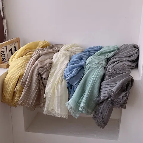 Women Elegant Pleated Long Scarf With Lace Trim Soft Polyester Wool Blend Shawl For Spring Autumn Winter Solid Color Wrap