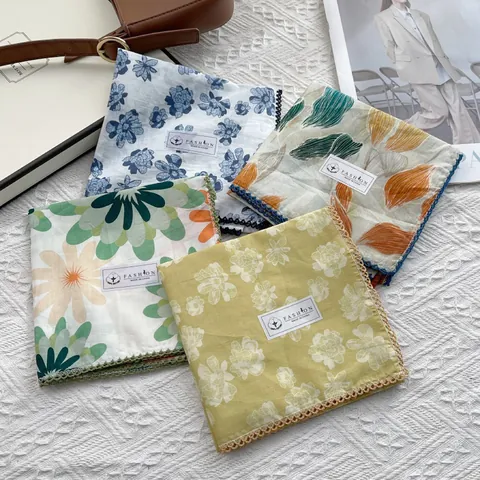 Carré De Coton Vintage À Fleurs Pour Femmes Avec Bord En Dentelle Au Crochet Élégant Bandana Foulard De Tête Accessoire
