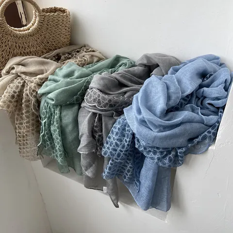 Women Vintage Voile Scarf With Hollow Lace Trim Lightweight Cotton Linen Look Shawl Sun Protection Solid Color Scarf