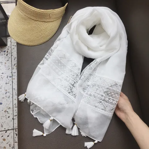 Women Ethnic White Lace Scarf Bohemian Style Tassel Sheer Shawl Beach Vacation Sun Protection Headscarf Fashion Accessory