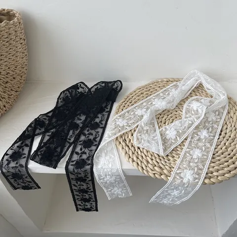 Women's Elegant Lace Thin Scarf Floral Embroidery Skinny Necktie Korean Style Decorative Waistband Hair Ribbon Accessory