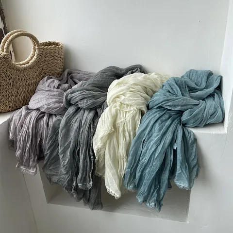 Women Vintage Voile Scarf With Lace Trim Crinkled Lightweight Shawl For Summer Sun Protection Soft Wrap Fashion Accessories