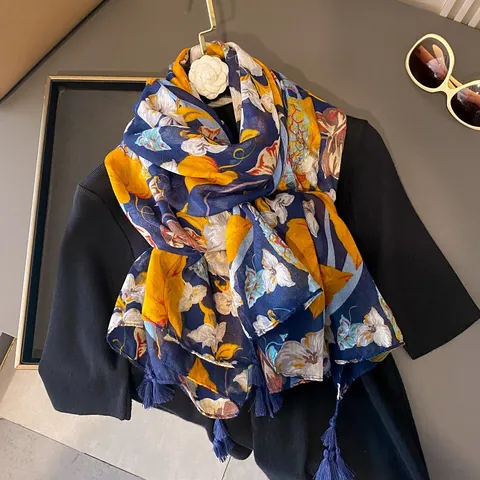 Grande Écharpe Femme Imprimé Tropical Ananas Noix de Coco Fleur Polyester Léger Protection Solaire Châle de Plage Avec Glands