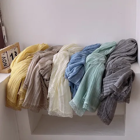 Women Elegant Pleated Long Scarf With Lace Trim Soft Polyester Wool Blend Shawl For Spring Autumn Winter Solid Color Wrap