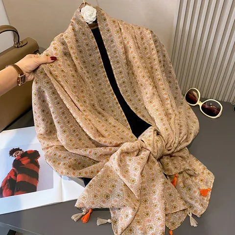 Damen Schal Mit Japanischem Blumenmuster Aus Leichtem Polyester Sonnenschutz Schultertuch Mit Quasten Mode Halstuch Für Reisen Alltag