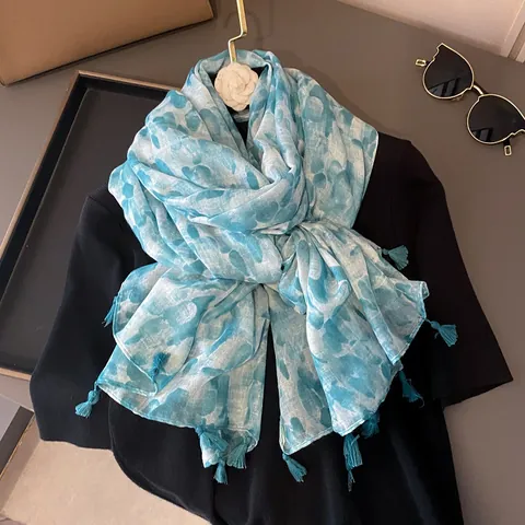 Bohemian Women Tie Dye Ink Wash Scarf Oversized Blue White Shawl Wrap With Tassels For Sunscreen Beach Travel Accessory