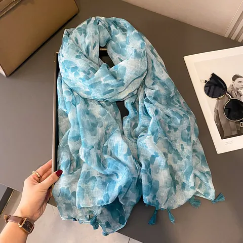 Bohemian Women Tie Dye Ink Wash Scarf Oversized Blue White Shawl Wrap With Tassels For Sunscreen Beach Travel Accessory