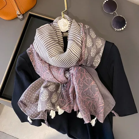 Women Floral Printed Shawl Lightweight Tassel Sun Protection Scarf Bohemian Geometric Stripe Patchwork Wrap Beach Accessories