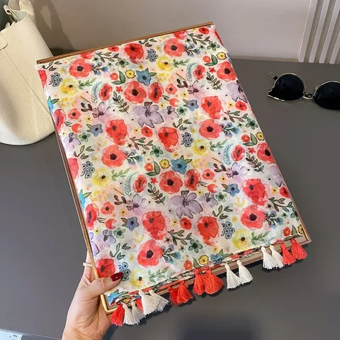 Bufanda Estampada de Flores con Borlas para Mujer Chal de Protección Solar Ligero Tacto Gasa Gran Pañuelo para Primavera Verano