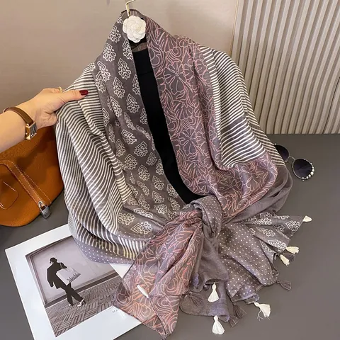 Women Floral Printed Shawl Lightweight Tassel Sun Protection Scarf Bohemian Geometric Stripe Patchwork Wrap Beach Accessories