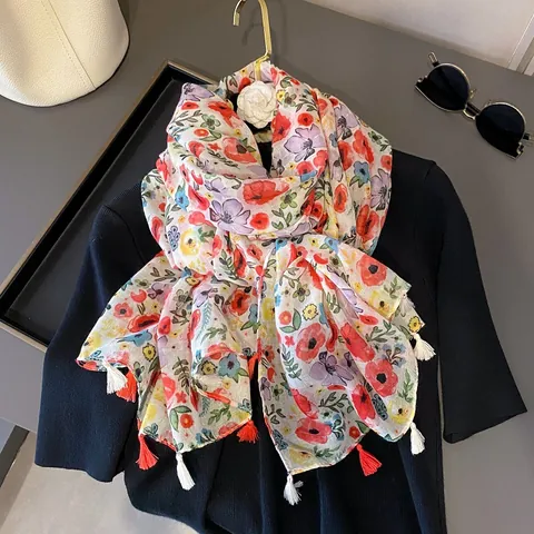 Bufanda Estampada de Flores con Borlas para Mujer Chal de Protección Solar Ligero Tacto Gasa Gran Pañuelo para Primavera Verano