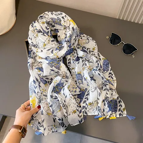 Women Cute Owl Print Viscose Cotton Scarf Lightweight Tassel Shawl Soft Sun Protection Gauze Wrap For Summer Beach Travel Fashion Accessory