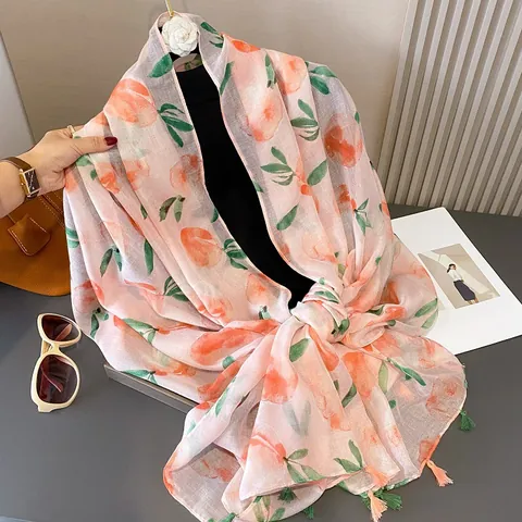 Women Fashion Peach Print Scarf With Tassels Lightweight Summer Sun Protection Shawl Polyester Blend Beach Wrap Neck Accessory