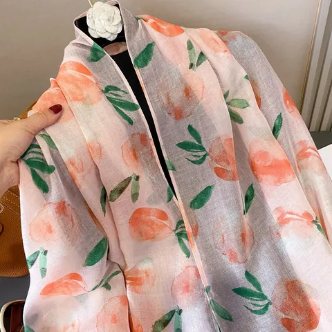 Women Fashion Peach Print Scarf With Tassels Lightweight Summer Sun Protection Shawl Polyester Blend Beach Wrap Neck Accessory