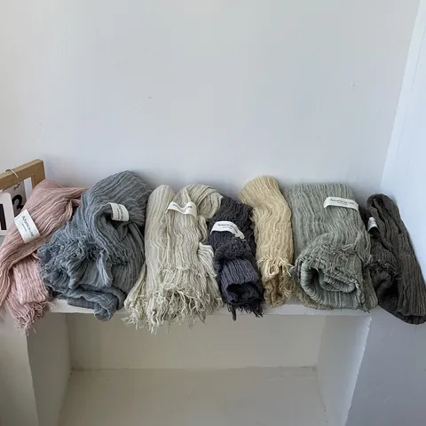 Vintage Pleated Scarf For Women Cotton Linen Look Solid Color Shawl With Fringed Edges Lightweight Soft Wrinkled Scarf