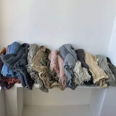 Vintage Pleated Scarf For Women Cotton Linen Look Solid Color Shawl With Fringed Edges Lightweight Soft Wrinkled Scarf