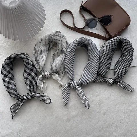 Foulard Quadrato in 100% Puro Lino per Donna Artistico a Quadri a Righe Sciarpa da Collo Traspirante Retrò Stile Francese Sciarpa