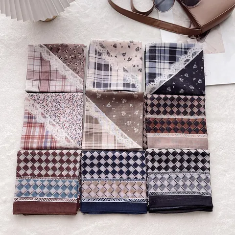 Women Vintage Floral Plaid Square Scarf Cotton Blend Satin Neck Scarf Elegant Lace Print Neckerchief French Style Head Scarf Accessory