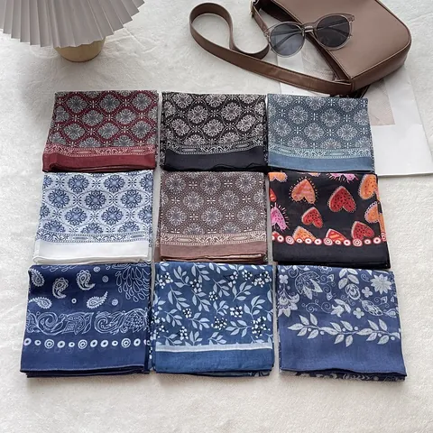 French Vintage Cotton Linen Square Scarf For Women Floral Paisley Heart Print Headscarf Bandana Neck Scarf Fashion Accessory