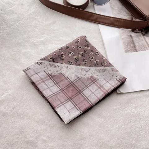 Women Vintage Floral Plaid Square Scarf Cotton Blend Satin Neck Scarf Elegant Lace Print Neckerchief French Style Head Scarf Accessory