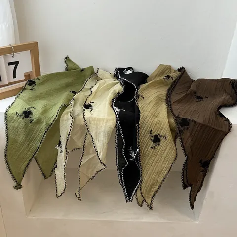 Japanese Style Floral Cotton Linen Triangle Headscarf Vintage Rural Pastoral Embroidery Lace Trim Hair Scarf For Women