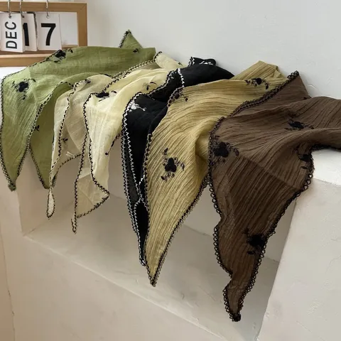 Japanese Style Floral Cotton Linen Triangle Headscarf Vintage Rural Pastoral Embroidery Lace Trim Hair Scarf For Women