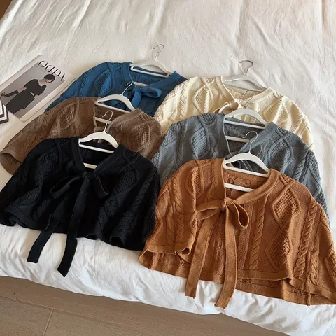 Chal de Punto Casual para Mujer Shrug Corto Jersey de Ocho Envolvente Con Lazo Delantero Estilo Coreano Primavera Otoño Poncho Color Sólido