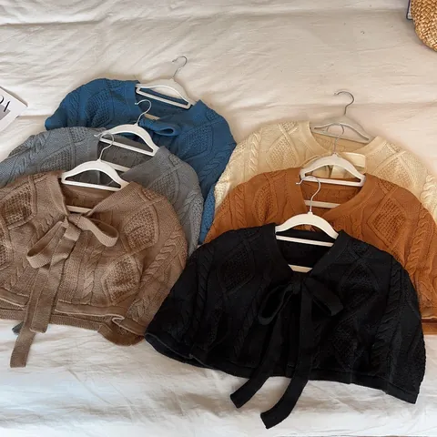 Chal de Punto Casual para Mujer Shrug Corto Jersey de Ocho Envolvente Con Lazo Delantero Estilo Coreano Primavera Otoño Poncho Color Sólido
