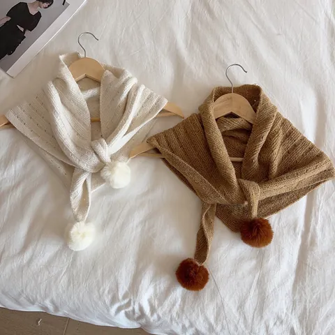 Korean Style Knitted Pom Pom Triangle Scarf For Women Sweet Cute Hollow Shawl Wrap Crochet Woolen Yarn Warm Scarf Winter Accessory