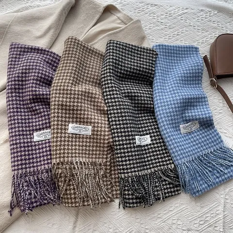 Sciarpa in 100 Lana di Pecora a Motivo Pied de Poule Donna Inverno Calda Spessa Retro Pashmina con Frange Lunghe Elegante Scialle