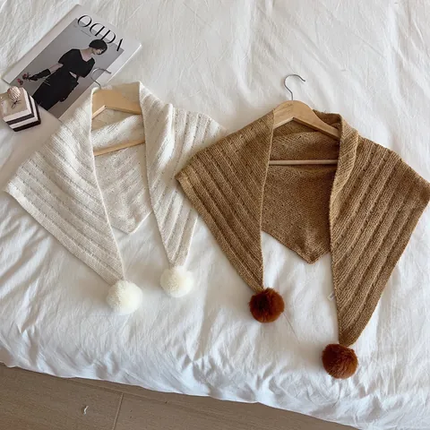 Korean Style Knitted Pom Pom Triangle Scarf For Women Sweet Cute Hollow Shawl Wrap Crochet Woolen Yarn Warm Scarf Winter Accessory
