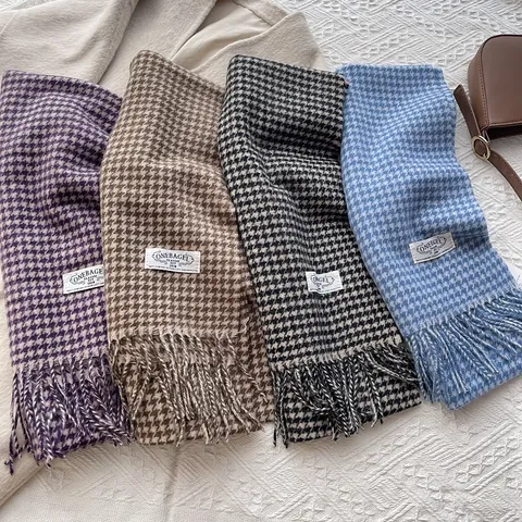 Sciarpa in 100 Lana di Pecora a Motivo Pied de Poule Donna Inverno Calda Spessa Retro Pashmina con Frange Lunghe Elegante Scialle