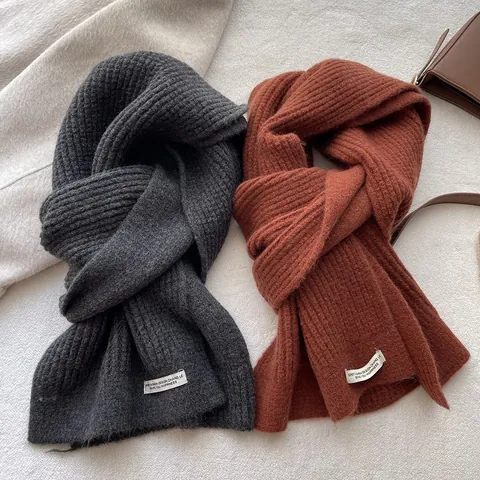 Solid Knitted Scarf For Women Winter Warm Ribbed Waffle Texture Neck Wrap With Decorative Label Elegant Minimalist Scarf