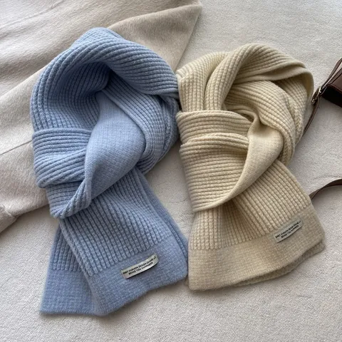 Solid Knitted Scarf For Women Winter Warm Ribbed Waffle Texture Neck Wrap With Decorative Label Elegant Minimalist Scarf