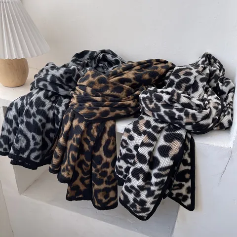 Écharpe en Tricot Imprimé Léopard Vintage Pour Femmes Automne Hiver Châle Chaud Épais Avec Bordure Contrastée Accessoire De Mode