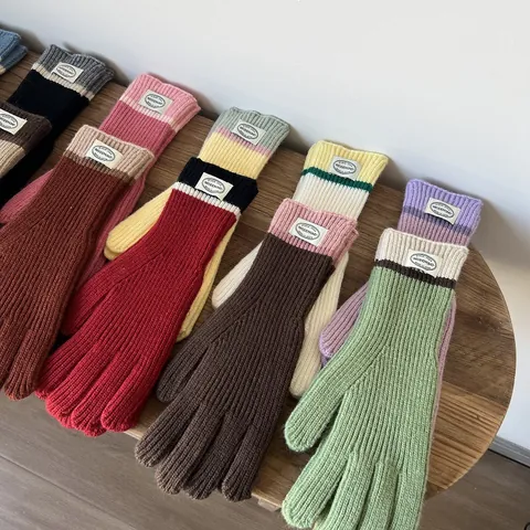 Women Winter Warm Knitted Gloves Touchscreen Compatible Five Finger Color Block Ribbed Mittens For Outdoor Riding Work