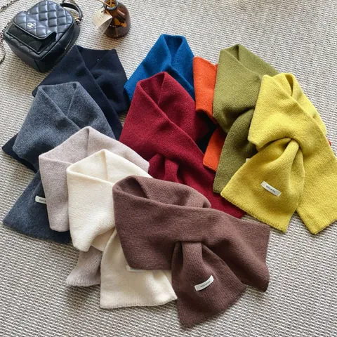 Minimalist Korean Style Pure Wool Knit Scarf For Women Winter Solid Color Warm Crossed Neck Warmer Elegant Soft Scarf
