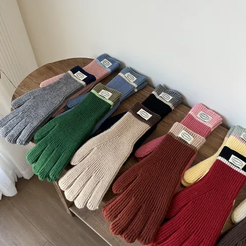Women Winter Warm Knitted Gloves Touchscreen Compatible Five Finger Color Block Ribbed Mittens For Outdoor Riding Work