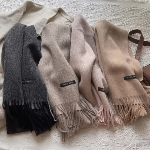 Bufanda de 100% Lana para Mujer Hombre Invierno Cálida Suave Larga Bufanda Con Borlas Color Sólido Minimalista Moda Cuello Regalo