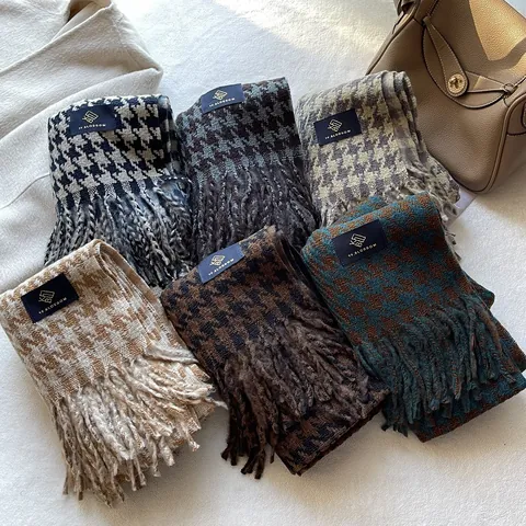 Women Vintage Houndstooth Winter Scarf Wool Blend Thick Warm Shawl With Tassels Classic Geometric Pattern Elegant Neck Wrap