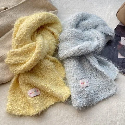 Korean Style Plush Knitted Scarf Thick Fuzzy Mohair Like Winter Neck Warmer Solid Color Warm Shawl Wrap For Women Accessory