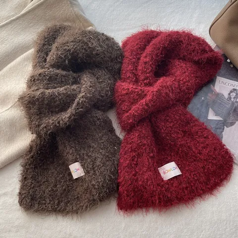Korean Style Plush Knitted Scarf Thick Fuzzy Mohair Like Winter Neck Warmer Solid Color Warm Shawl Wrap For Women Accessory