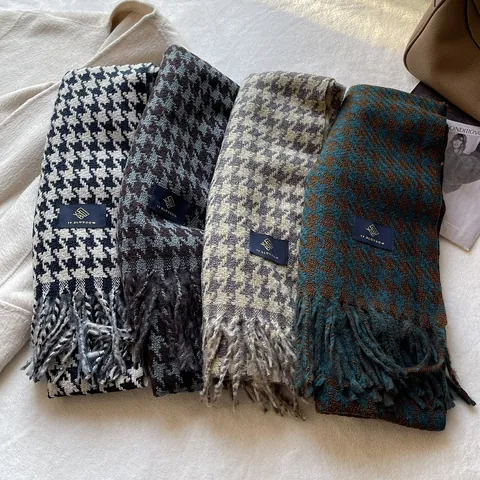 Women Vintage Houndstooth Winter Scarf Wool Blend Thick Warm Shawl With Tassels Classic Geometric Pattern Elegant Neck Wrap